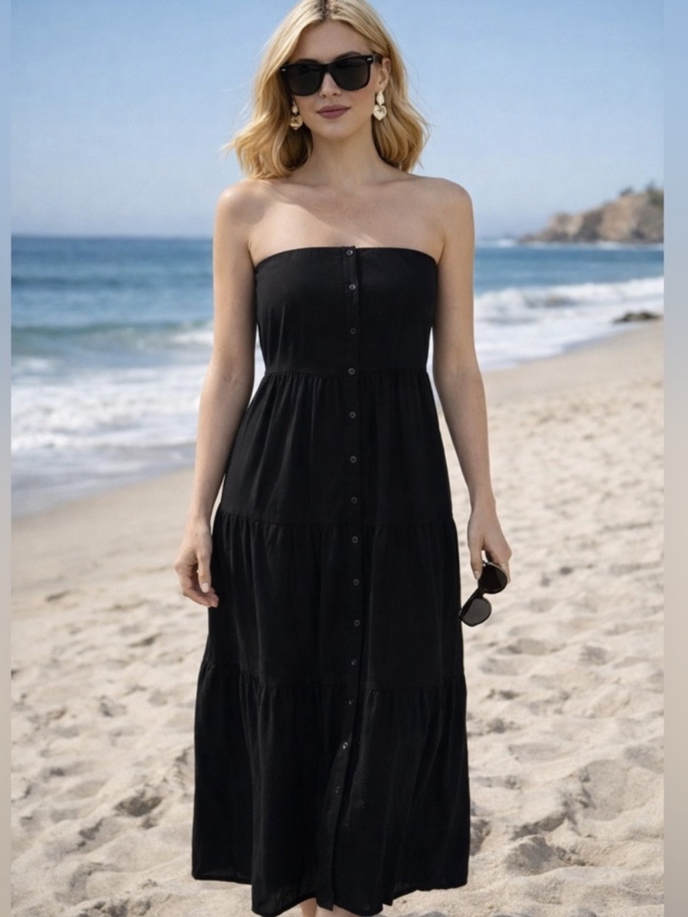 LOF Strapless Black Tiered Button-Front Maxi Dress